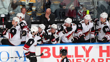 BUFFALO, NY - OCTOBER 28: Nick Schmaltz #8 of the Arizona Coyotes celebrates his game-winning shootout goal against the Buffalo Sabres during an NHL game on October 28, 2019 at KeyBank Center in Buffalo, New York. Arizona won, 3-2. (Photo by Bill Wippert/NHLI via Getty Images)