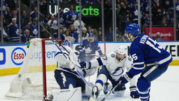 May 4, 2022; Toronto, Ontario, CAN; Toronto Maple Leafs forward Alexander Kerfoot (15) scores on Tampa Bay Lightning goaltender Andrei Vasilevskiy (88) and defenseman Victor Hedman (77) during the third period of game two of the first round of the 2022 Stanley Cup Playoffs at Scotiabank Arena. Mandatory Credit: John E. Sokolowski-USA TODAY Sports