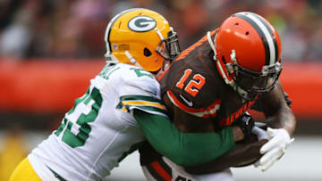 CLEVELAND, OH - DECEMBER 10: Damarious Randall #23 of the Green Bay Packers tackles Josh Gordon #12 of the Cleveland Browns in the second quarter at FirstEnergy Stadium on December 10, 2017 in Cleveland, Ohio. (Photo by Gregory Shamus/Getty Images)