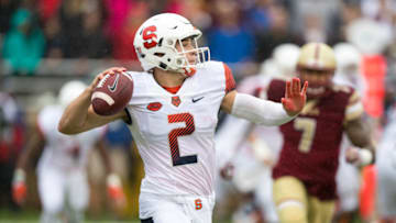 October 22, 2016: Syracuse Orange quarterback Eric Dungey (2) launches a pass during the first half of the game between the Syracuse Orange and Boston College Eagles at Alumni Stadium in Chestnut Hill, MA. The Orange would beat the Eagles 28-20. (Photo by John Kavouris/Icon Sportswire via Getty Images)