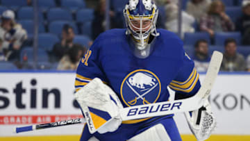 BUFFALO, NEW YORK - NOVEMBER 10: Eric Comrie #31 of the Buffalo Sabres during the second period of an NHL hockey game against the Vegas Golden Knights at KeyBank Center on November 10, 2022 in Buffalo, New York. (Photo by Joshua Bessex/Getty Images)