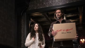 Supernatural -- "Golden Time" -- Image Number: SN1506b_0149b.jpg -- Pictured (L-R): Jodelle Ferland as Emily and Jared Padalecki as Sam -- Photo: Michael Courtney/The CW -- © 2019 The CW Network, LLC. All Rights Reserved.