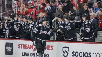 Oct 18, 2022; Newark, New Jersey, USA; New Jersey Devils center Nico Hischier (13) celebrates his goal with teammates during the second period against the Anaheim Ducks at Prudential Center. Mandatory Credit: Vincent Carchietta-USA TODAY Sports