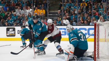 SAN JOSE, CA - APRIL 28: Goalie Martin Jones #31 of the San Jose Sharks makes a save with his pad against the Colorado Avalanche in Game Two of the Western Conference Second Round during the 2019 NHL Stanley Cup Playoffs at SAP Center on April 28, 2019 in San Jose, California. (Photo by Lachlan Cunningham/Getty Images)