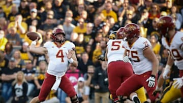 Iowa State quarterback Zeb Noland fires a pass against Iowa on Saturday, Sept. 9, 2018, at Kinnick Stadium in Iowa City.180909 Cyhawk