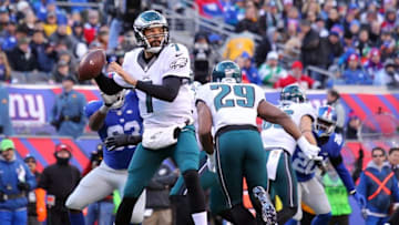 Jan 3, 2016; East Rutherford, NJ, USA; Philadelphia Eagles quarterback Sam Bradford (7) throws the ball against the New York Giants during the first quarter at MetLife Stadium. Mandatory Credit: Brad Penner-USA TODAY Sports