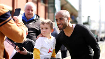 LEYLAND, ENGLAND - APRIL 15: Lucas Moura of Tottenham Hotspur takes a photograph with a fan after the Premier League 2 match between Blackburn Rovers and Tottenham Hotspur at Leyland County Ground on April 15, 2023 in Leyland, England. (Photo by Lewis Storey/Getty Images)