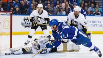 TAMPA, FL - FEBRUARY 5: Erik Condra #22 of the Tampa Bay Lightning shoots the puck against goalie Jeff Zatkoff #37 of the Pittsburgh Penguins during the third period at the Amalie Arena on February 5, 2016 in Tampa, Florida. (Photo by Scott Audette/NHLI via Getty Images)