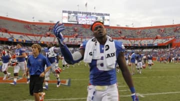 Sep 6, 2014; Gainesville, FL, USA; Florida Gators defensive lineman Leon Orr (8) reacts after defeating the Eastern Michigan Eagles at Ben Hill Griffin Stadium. Florida Gators defeated the Eastern Michigan Eagles 65-0. Mandatory Credit: Kim Klement-USA TODAY Sports