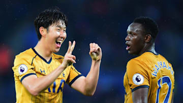 LEICESTER, ENGLAND - MAY 18: Heung-Min Son of Tottenham Hotspur celebrates with Victor Wanyama as he scores their second goal during the Premier League match between Leicester City and Tottenham Hotspur at The King Power Stadium on May 18, 2017 in Leicester, England. (Photo by Tony Marshall/Getty Images)