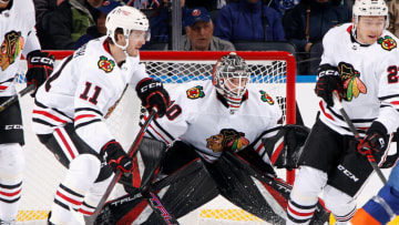 ELMONT, NEW YORK - DECEMBER 04: Arvid Soderblom #40 of the Chicago Blackhawks skates against the New York Islanders at the UBS Arena on December 04, 2022 in Elmont, New York. (Photo by Bruce Bennett/Getty Images)