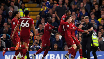 LONDON, ENGLAND - SEPTEMBER 29: Daniel Sturridge of Liverpool celebrates with teammates after scoring the equalising goal during the Premier League match between Chelsea FC and Liverpool FC at Stamford Bridge on September 29, 2018 in London, United Kingdom. (Photo by Mike Hewitt/Getty Images)
