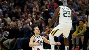 SALT LAKE CITY, UT - NOVEMBER 08: Bojan Bogdanovic #44 of the Utah Jazz celebrates a play with teammate Royce O'Neale #23 during a game against the Milwaukee Bucks at Vivint Smart Home Arena on November 8, 2019 in Salt Lake City, Utah. NOTE TO USER: User expressly acknowledges and agrees that, by downloading and/or using this photograph, user is consenting to the terms and conditions of the Getty Images License Agreement. (Photo by Alex Goodlett/Getty Images)