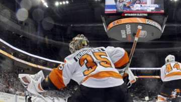PITTSBURGH, PA - DECEMBER 29: Sergei Bobrovsky #35 of the Philadelphia Flyers protects the net against the Pittsburgh Penguins during the game at Consol Energy Center on December 29, 2011 in Pittsburgh, Pennsylvania. (Photo by Justin K. Aller/Getty Images)