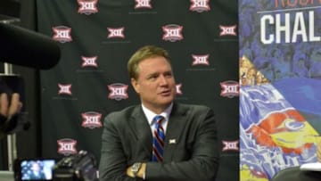 Oct 15, 2014; Kansas City, MO, USA; Kansas Jayhawks coach Bill Self answers questions from media during the Big 12 Media Day at Sprint Center. Mandatory Credit: Denny Medley-USA TODAY Sports