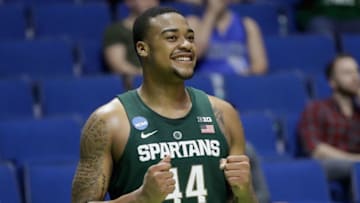 TULSA, OK - MARCH 17: Nick Ward #44 of the Michigan State Spartans reacts on the bench against the Miami (Fl) Hurricanes during the first round of the 2017 NCAA Men's Basketball Tournament at BOK Center on March 17, 2017 in Tulsa, Oklahoma. (Photo by Ronald Martinez/Getty Images)