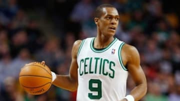 Mar 1, 2014; Boston, MA, USA; Boston Celtics point guard Rajon Rondo (9) brings the ball up court against the Indiana Pacers during the fourth quarter of Indiana