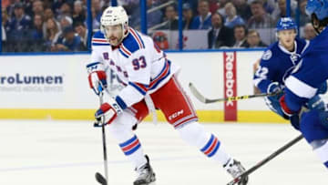 Nov 19, 2015; Tampa, FL, USA; New York Rangers defenseman Keith Yandle (93) skates with the puck against the Tampa Bay Lightning during the first period at Amalie Arena. Mandatory Credit: Kim Klement-USA TODAY Sports