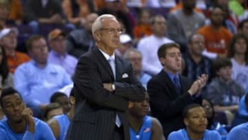 Jan 3, 2015; Clemson, SC, USA; North Carolina Tar Heels head coach Roy Williams reacts during the first half against the Clemson Tigers at Littlejohn Coliseum. Mandatory Credit: Joshua S. Kelly-USA TODAY Sports