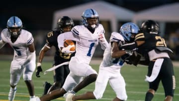 Ridgeland's Ayden Williams (1) tries to get past Northwest Rankin's defense during their game at Northwest Rankin High School in Flowood, Miss., Friday, Aug. 27, 2021.Tcl Northwest Rankin Vs Ridgeland25
