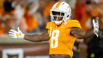 Tennessee running back Tiyon Evans (8) celebrates after a touchdown by quarterback Joe Milton III (7) during the NCAA college football game between the Tennessee Volunteers and Bowling Green Falcons in Knoxville, Tenn. on Thursday, September 2, 2021.Ut Bowling Green