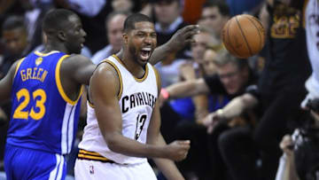 Jun 16, 2016; Cleveland, OH, USA; Cleveland Cavaliers center Tristan Thompson (13) reacts after his slam dunk in the fourth quarter against the Golden State Warriors in game six of the NBA Finals at Quicken Loans Arena. Cleveland won 115-101. Mandatory Credit: David Richard-USA TODAY Sports