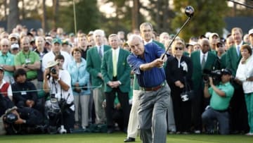 Apr 9, 2015; Augusta, GA, USA; Honorary starter Arnold Palmer hits a ceremonial tee shot during the first round of The Masters golf tournament at Augusta National Golf Club. Mandatory Credit: Rob Schumacher-USA TODAY Sports