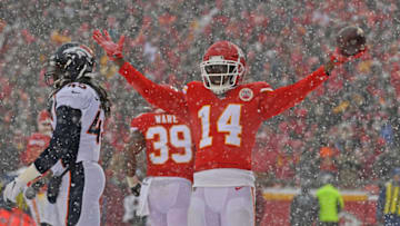 KANSAS CITY, MO - DECEMBER 15: Wide receiver Sammy Watkins #14 of the Kansas City Chiefs reacts after catching a pass for a two-point conversion against the Denver Broncos during the second half at Arrowhead Stadium on December 15, 2019 in Kansas City, Missouri. (Photo by Peter Aiken/Getty Images)