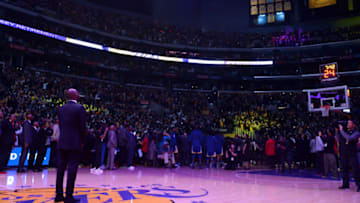 LOS ANGELES, CA - DECEMBER 18: Kobe Bryant looks on during his jersey retirement ceremony on December 18, 2017 at STAPLES Center in Los Angeles, California. NOTE TO USER: User expressly acknowledges and agrees that, by downloading and/or using this Photograph, user is consenting to the terms and conditions of the Getty Images License Agreement. Mandatory Copyright Notice: Copyright 2017 NBAE (Photo by Andrew D. Bernstein/NBAE via Getty Images)