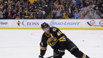 Nov 14, 2015; Boston, MA, USA; Boston Bruins center David Krejci (46) falls to the ice after scoring a goal during the second period against the Detroit Red Wings at TD Garden. Mandatory Credit: Bob DeChiara-USA TODAY Sports
