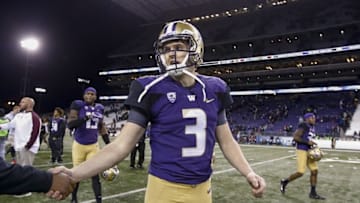 Nov 19, 2016; Seattle, WA, USA; Washington Huskies quarterback Jake Browning (3) shakes hands after a game against the Arizona State Sun Devils at Husky Stadium. Washington won 44-18. Mandatory Credit: Jennifer Buchanan-USA TODAY Sports