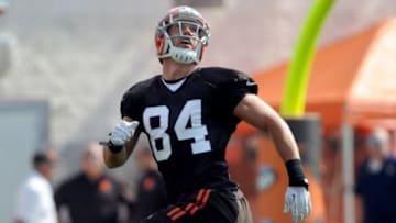 Jul 26, 2014; Berea, OH, USA; Cleveland Browns tight end Jordan Cameron (84) practices during training camp at the Cleveland Browns training facility. Mandatory Credit: Ken Blaze-USA TODAY Sports