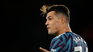 WOLVERHAMPTON, ENGLAND - FEBRUARY 10: Granit Xhaka of Arsenal looks on during the Premier League match between Wolverhampton Wanderers and Arsenal at Molineux on February 10, 2022 in Wolverhampton, England. (Photo by Malcolm Couzens/Getty Images)
