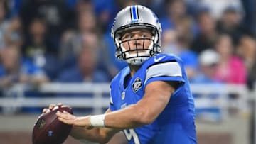 Oct 16, 2016; Detroit, MI, USA; Detroit Lions quarterback Matthew Stafford (9) drops back to pass during the third quarter against the Los Angeles Rams at Ford Field. Detroit won 31-28. Mandatory Credit: Tim Fuller-USA TODAY Sports