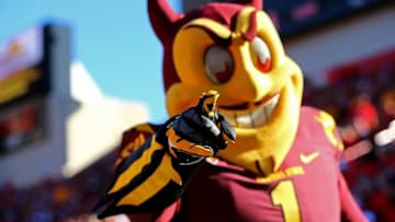 Nov 28, 2014; Tucson, AZ, USA; Arizona State Sun Devils mascot Sparky against the Arizona Wildcats during the 88th annual territorial cup at Arizona Stadium. Mandatory Credit: Mark J. Rebilas-USA TODAY Sports