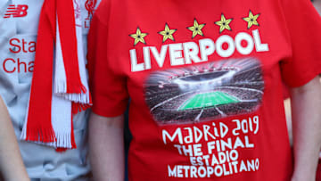 LIVERPOOL, ENGLAND - MAY 12: A Champions League final t-shirt for Madrid is worn by a fan during the Premier League match between Liverpool FC and Wolverhampton Wanderers at Anfield on May 12, 2019 in Liverpool, United Kingdom. (Photo by Catherine Ivill/Getty Images)