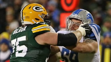GREEN BAY, WI - NOVEMBER 06: Anthony Zettel #69 of the Detroit Lions rushes against Bryan Bulaga #75 of the Green Bay Packers at Lambeau Field on September 28, 2017 in Green Bay, Wisconsin. The Lions defeated the Packers 30-17. (Photo by Jonathan Daniel/Getty Images)