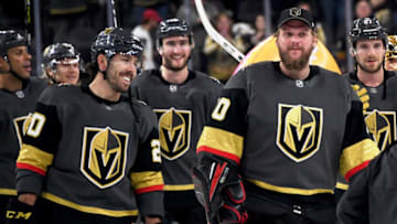LAS VEGAS, NEVADA - FEBRUARY 26: Chandler Stephenson #20 and Robin Lehner #90 of the Vegas Golden Knights skate off the ice after the team's 3-0 victory over the Edmonton Oilers at T-Mobile Arena on February 26, 2020 in Las Vegas, Nevada. (Photo by Ethan Miller/Getty Images)