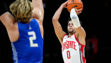 Nov 1, 2022; Columbus, Ohio, USA; Chaminade University forward Jalen Brattain (2) defends against Ohio State University guard Tanner Holden (0) during the first half of the division I basketball game at Value City Arena on Tuesday night. Mandatory Credit: Joseph Scheller-The Columbus DispatchBasketball Ceb Mbk Chaminade Chaminade At Ohio State