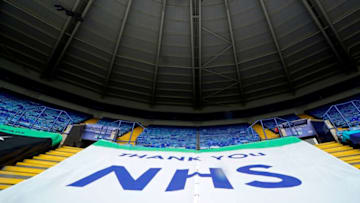 An NHS banner, Leicester City (Photo by TIM KEETON/POOL/AFP via Getty Images)