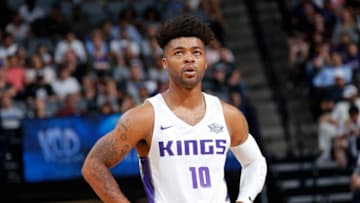 SALT LAKE CITY - JULY 2: Frank Mason III #10 of the Sacramento Kings looks on during the 2018 Summer League at the Golden 1 Center on July 2, 2018 in Sacramento, California. NOTE TO USER: User expressly acknowledges and agrees that, by downloading and or using this photograph, User is consenting to the terms and conditions of the Getty Images License Agreement. Mandatory Copyright Notice: Copyright 2018 NBAE (Photo by Rocky Widner/NBAE via Getty Images)