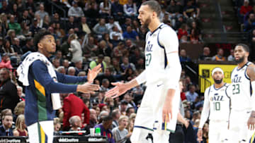 Donovan Mitchell, Rudy Gobert, Utah Jazz. Copyright 2020 NBAE (Photo by Melissa Majchrzak/NBAE via Getty Images)