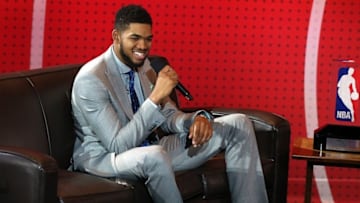 May 17, 2016; New York, NY, USA; Minnesota Timberwolves center Karl-Anthony Towns is interviewed during the NBA draft lottery at New York Hilton Midtown. The Philadelphia 76ers received the first overall pick in the 2016 draft. Mandatory Credit: Brad Penner-USA TODAY Sports