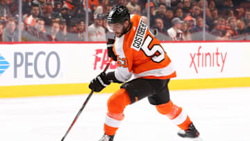 PHILADELPHIA, PA - DECEMBER 03: Shayne Gostisbehere #53 of the Philadelphia Flyers controls the puck against the Toronto Maple Leafs at the Wells Fargo Center on December 3, 2019 in Philadelphia, Pennsylvania. (Photo by Mitchell Leff/Getty Images)