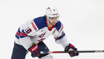 EDMONTON, AB - DECEMBER 25: Matthew Beniers #10 of the United States skates against Russia during the 2021 IIHF World Junior Championship at Rogers Place on December 25, 2020 in Edmonton, Canada. (Photo by Codie McLachlan/Getty Images)