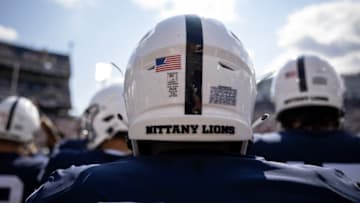 STATE COLLEGE, PENNSYLVANIA - SEPTEMBER 11: A view of the back of the helmet worn by Devyn Ford #28 of the Penn State Nittany Lions before the game against the Ball State Cardinals at Beaver Stadium on September 11, 2021 in State College, Pennsylvania. (Photo by Scott Taetsch/Getty Images)