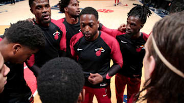 WASHINGTON, D.C. - OCTOBER 5: the Miami Heat huddles up during a pre-season game against Washington Wizards on October 5, 2018 at Capital One Arena, in Washington, D.C. NOTE TO USER: User expressly acknowledges and agrees that, by downloading and/or using this Photograph, user is consenting to the terms and conditions of the Getty Images License Agreement. Mandatory Copyright Notice: Copyright 2018 NBAE (Photo by Ned Dishman/NBAE via Getty Images)