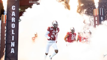 COLUMBIA, SC - NOVEMBER 02: Defensive back Israel Mukuamu #24 of the South Carolina Gamecocks runs on to the field with teammates prior to their game against the Vanderbilt Commodores at Williams-Brice Stadium on November 2, 2019 in Columbia, South Carolina. (Photo by Michael Chang/Getty Images)