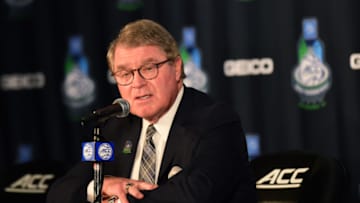 GREENSBORO, NORTH CAROLINA - MARCH 12: ACC Commissioner John Swofford speaks with the media prior to the quarterfinals round of the 2020 Men's ACC Basketball Tournament at Greensboro Coliseum on March 12, 2020 in Greensboro, North Carolina. Swofford addressed the Coronavirus (COVID-19) and the impact it will have on the remainder of the ACC Tournament. (Photo by Jared C. Tilton/Getty Images)