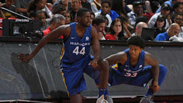 LAS VEGAS, NV - JULY 8: Omari Johnson #44 and Rion Brown #33 of Golden State Warriors during the game against the Houston Rockets during the 2018 Las Vegas Summer League on July 8, 2018 at the Thomas & Mack Center in Las Vegas, Nevada. (Photo by Garrett Ellwood/NBAE via Getty Images)
